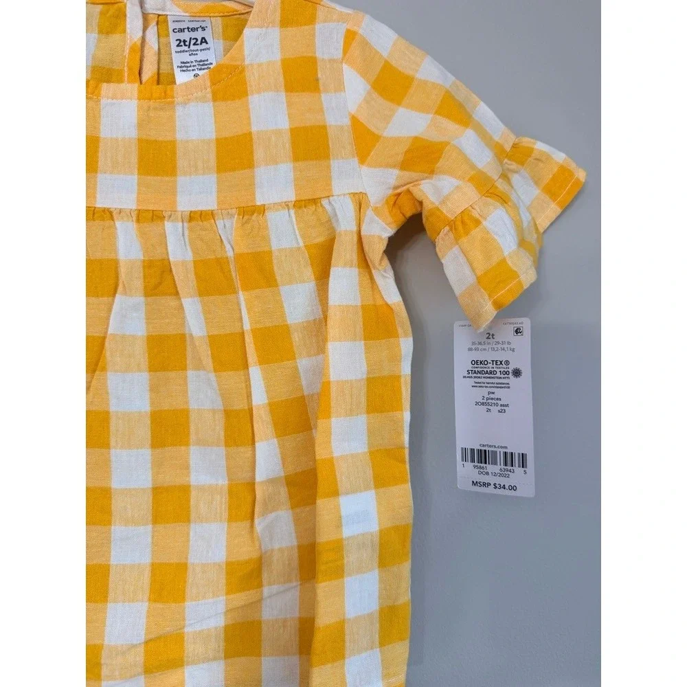 Carter's 2-Piece Outfit Set Toddler Girl 2T Yellow Gingham Flutter Top NWT - Picture 2 of 3